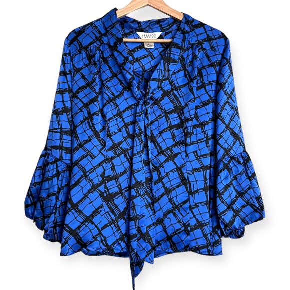 Vintage Allison Taylor 100% Silk Blue Tie Neck Balloon Sleeve Blouse Women's L - Picture 1 of 8